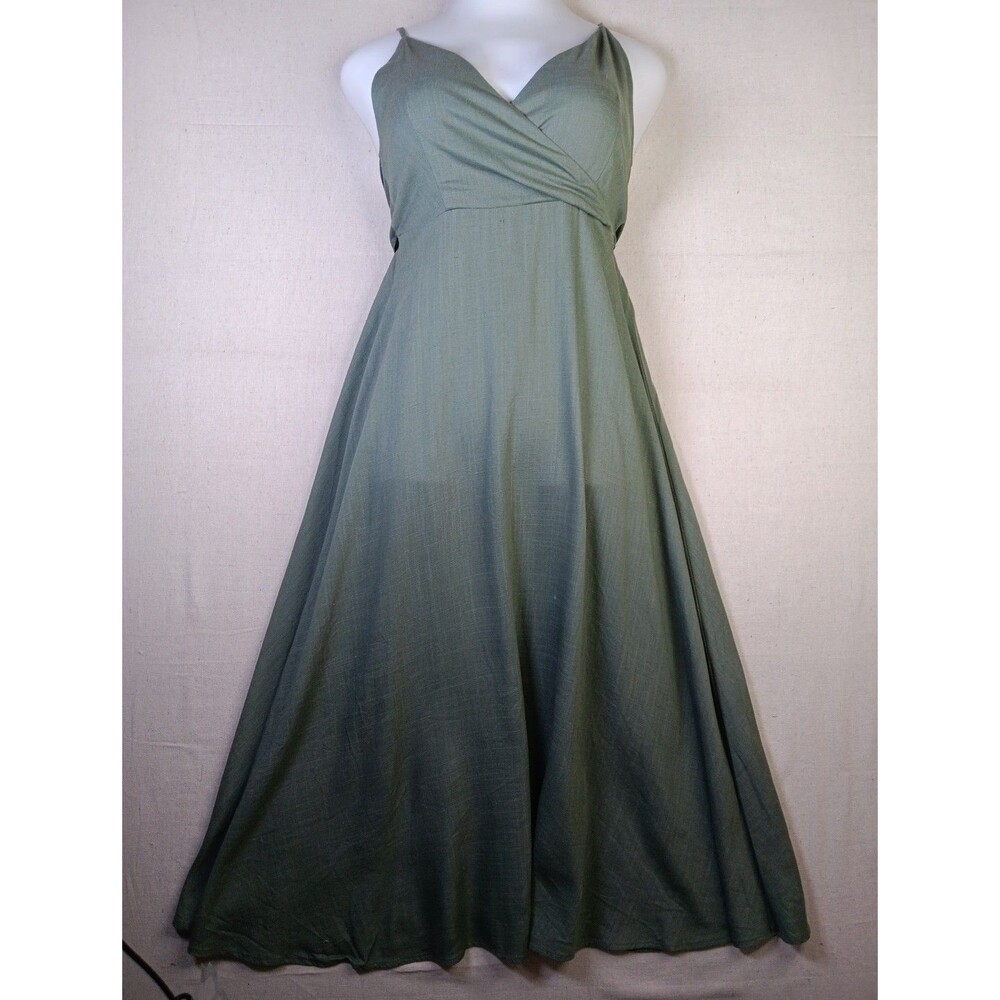 ee:some Linen Blend A-line Midi Dress Small Green Spaghetti Straps Tieback EUC